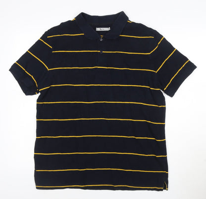 Tu Men’s Blue Yellow Striped Cotton Polo Shirt XL Regular Fit