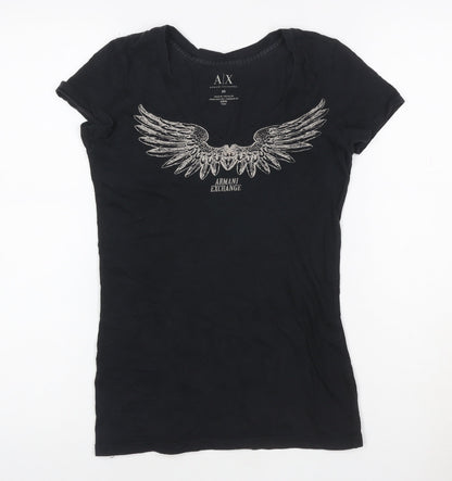 Armani Exchange Womens Black XS V-Neck Angel Wing Graphic Cotton T-Shirt