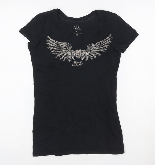 Armani Exchange Womens Black XS V-Neck Angel Wing Graphic Cotton T-Shirt