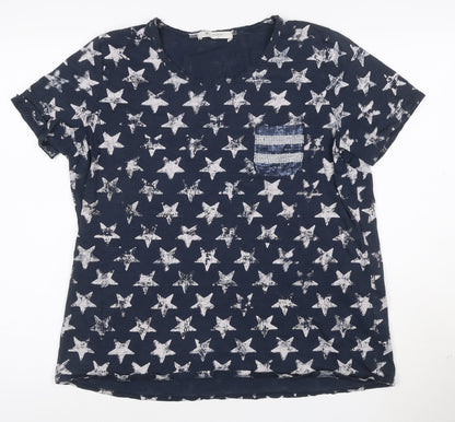 Monari Women's Blue Star Sequin Pocket Cotton T-Shirt Size 16