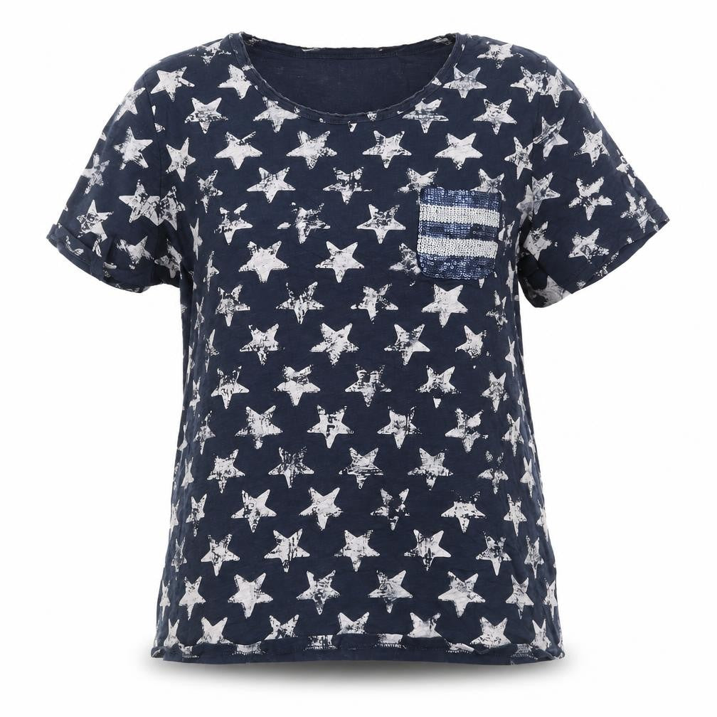 Monari Women's Blue Star Sequin Pocket Cotton T-Shirt Size 16