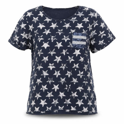 Monari Women's Blue Star Sequin Pocket Cotton T-Shirt Size 16