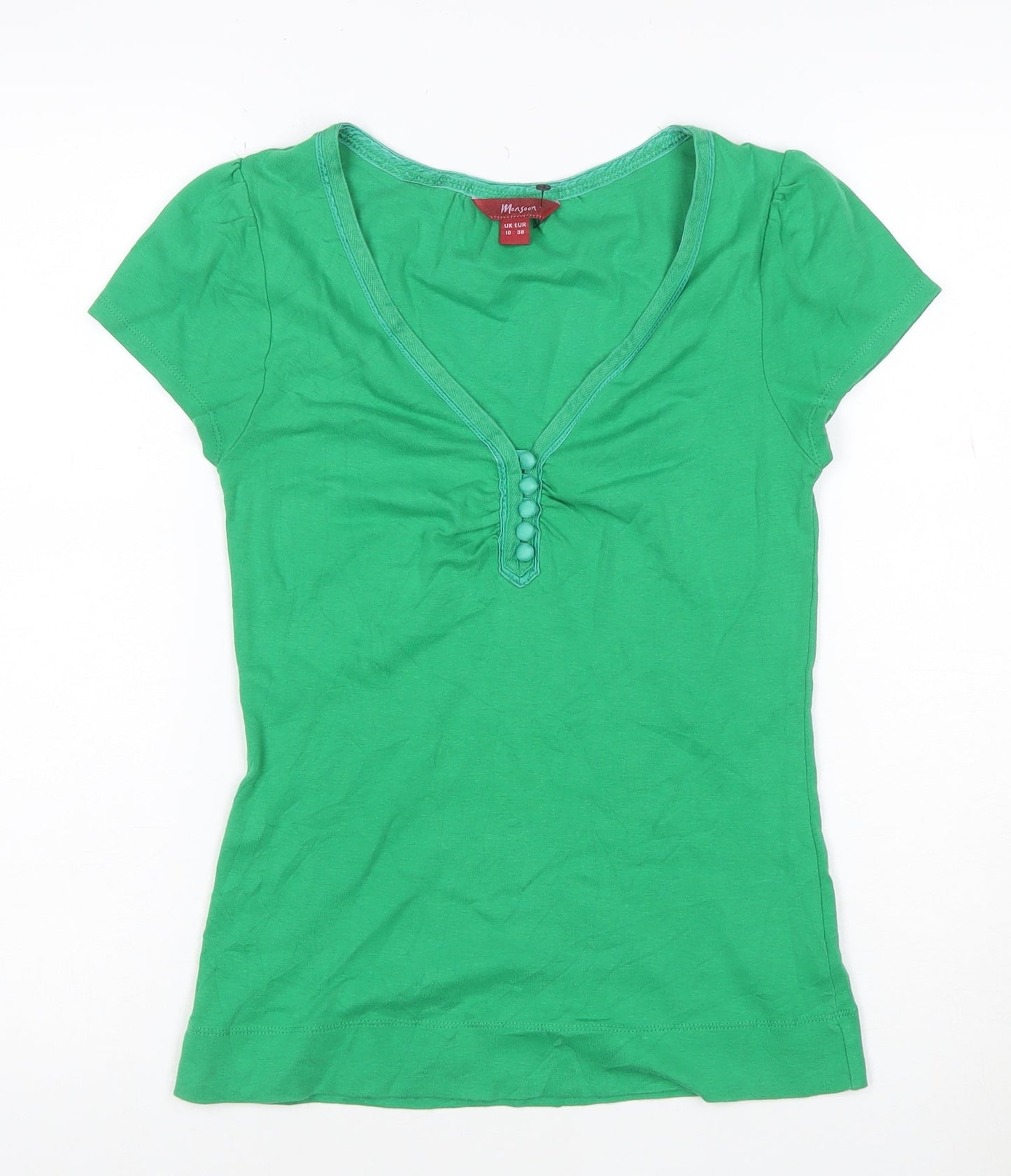 Monsoon Women’s Green Short Sleeve V-Neck Cotton Top Size 10