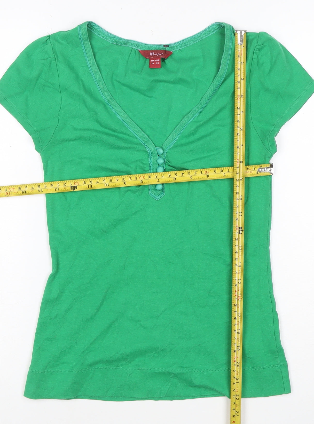 Monsoon Women’s Green Short Sleeve V-Neck Cotton Top Size 10