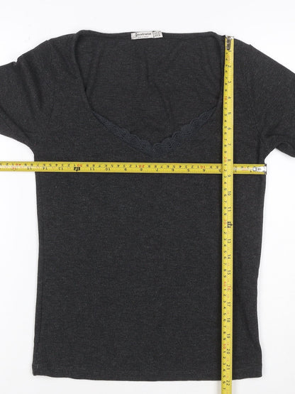Stradivarius Women’s Grey Long Sleeve Lace V-Neck Stretch Top Size 12