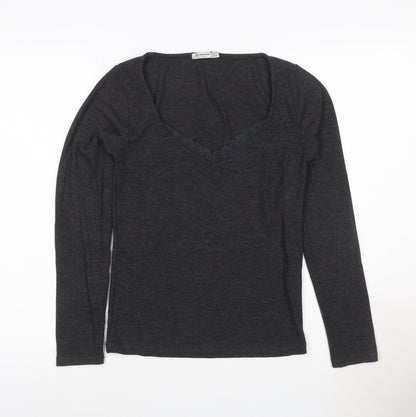 Stradivarius Women’s Grey Long Sleeve Lace V-Neck Stretch Top Size 12