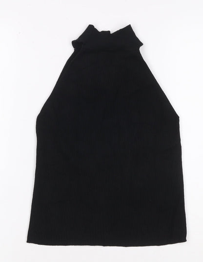 ZARA Women Black Ribbed Knit High Neck Halter Tank Top M