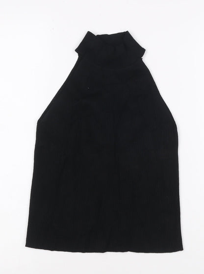 ZARA Women Black Ribbed Knit High Neck Halter Tank Top M