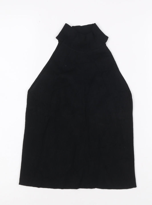 ZARA Women Black Ribbed Knit High Neck Halter Tank Top M