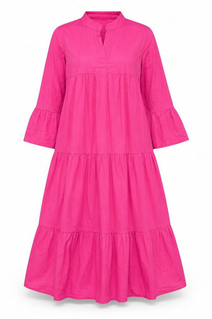 Blue Navy Women's Pink Midi Trapeze Dress M 3/4 Sleeve V-Neck