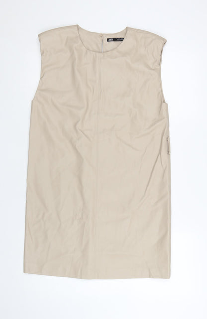 Zara Women Beige Shift Dress Size 8 Sleeveless Minimalist Style