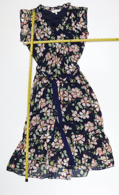 Apricot Women Blue Floral Belted Wrap Dress Size 10 Short Sleeve
