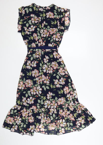 Apricot Women Blue Floral Belted Wrap Dress Size 10 Short Sleeve