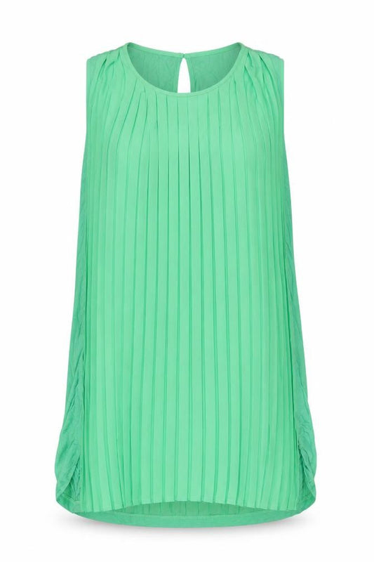 Front view of French Connection Women's Green Sleeveless Pleated Shift Dress, size 16