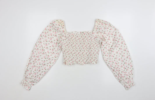 Loststock Women’s Ivory Floral Cropped Puff Sleeve Cotton Blouse S