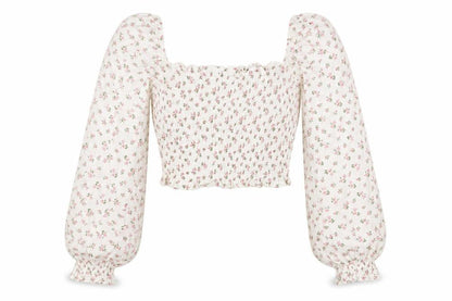 Loststock Women’s Ivory Floral Cropped Puff Sleeve Cotton Blouse S