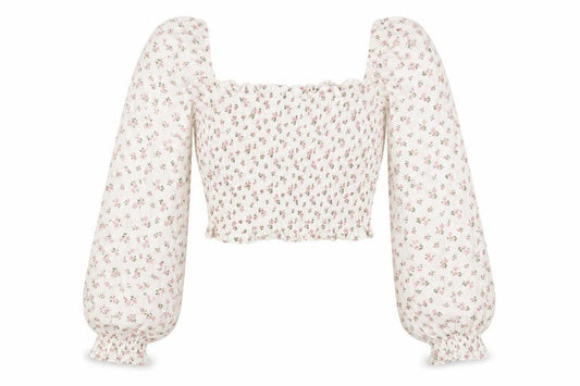 Loststock Women’s Ivory Floral Cropped Puff Sleeve Cotton Blouse S