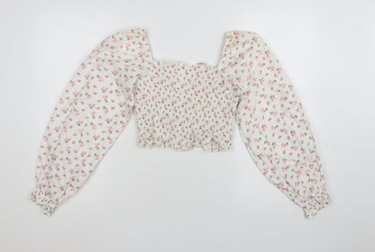 Loststock Women’s Ivory Floral Cropped Puff Sleeve Cotton Blouse S