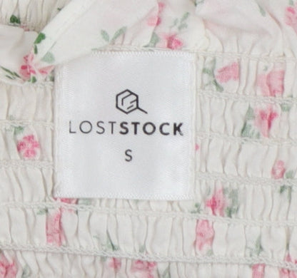 Loststock Women’s Ivory Floral Cropped Puff Sleeve Cotton Blouse S