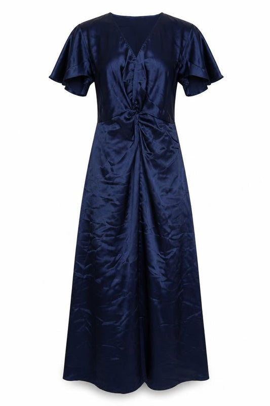VILA Women Blue Size 10 Long Satin Wrap Dress Short Sleeve