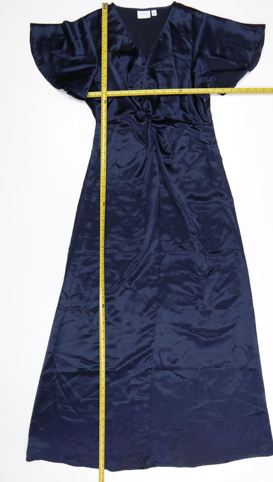 Vila Women Blue Size 10 Long Satin Wrap Dress Short Sleeve