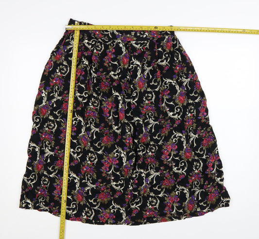 Classic Woman Black Floral Viscose A-Line Skirt Size 14 Women’s