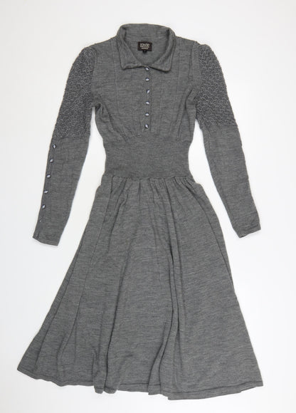 Lowie Women Grey Wool Knit Collared Fit & Flare Midi Dress M