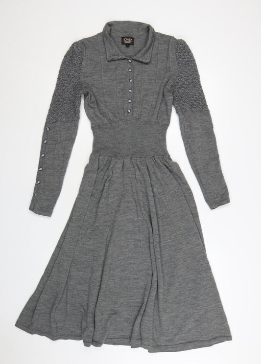 Lowie Women Grey Wool Knit Collared Fit & Flare Midi Dress M