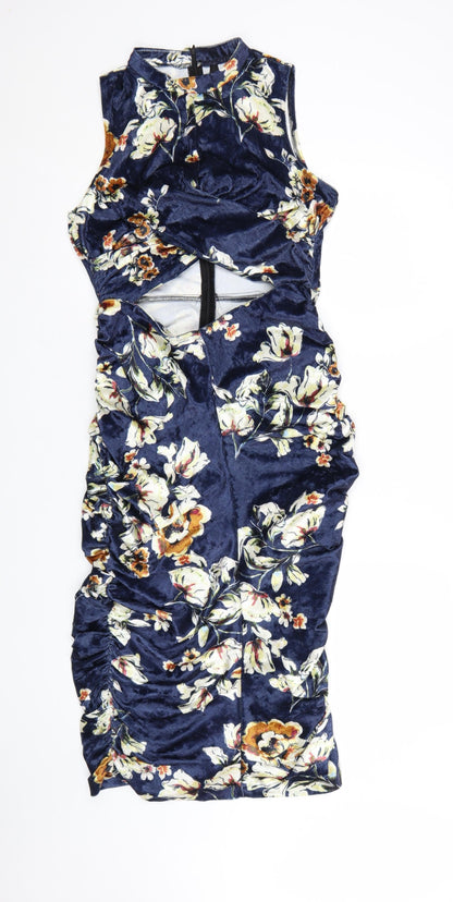 Elli White Women's Blue Floral Velvet Bodycon Cut Out Dress L