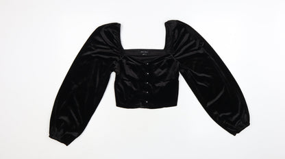 New Look Women Black Velvet Cropped Blouse Size 10 Puff Sleeve