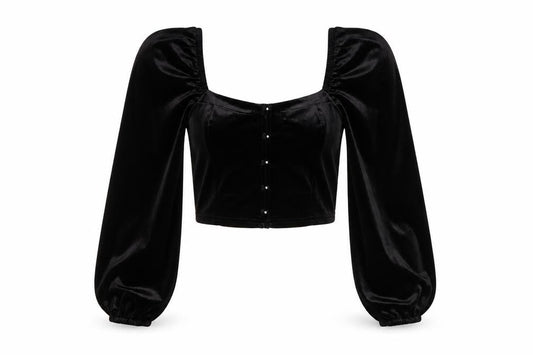 New Look Women Black Velvet Cropped Blouse Size 10 Puff Sleeve