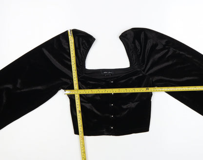New Look Women Black Velvet Cropped Blouse Size 10 Puff Sleeve