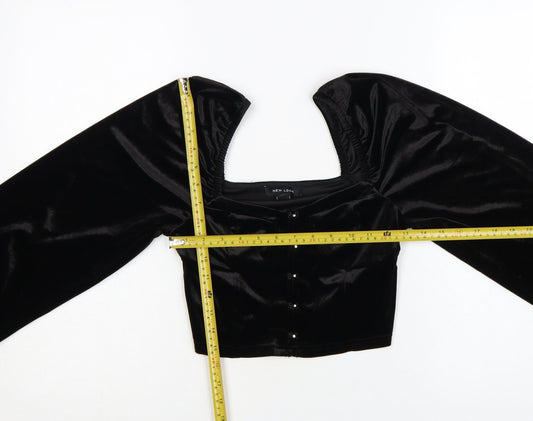 New Look Women Black Velvet Cropped Blouse Size 10 Puff Sleeve