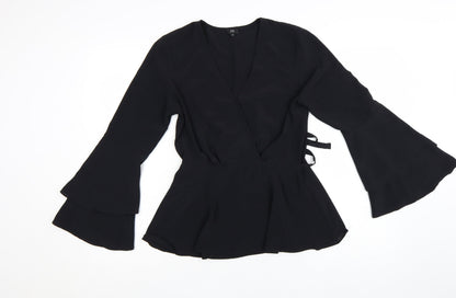 River Island Womens Black Wrap Blouse Size 10 Long Flared Sleeve