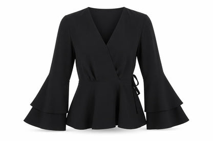 River Island Womens Black Wrap Blouse Size 10 Long Flared Sleeve