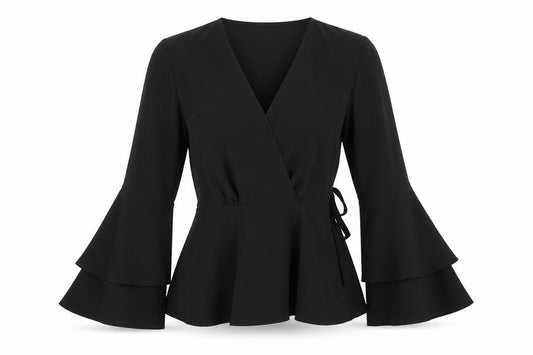 River Island Womens Black Wrap Blouse Size 10 Long Flared Sleeve