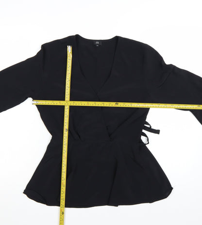 River Island Womens Black Wrap Blouse Size 10 Long Flared Sleeve