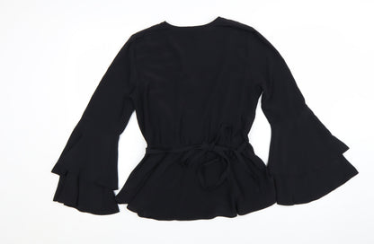 River Island Womens Black Wrap Blouse Size 10 Long Flared Sleeve
