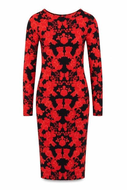 Topshop Women’s Red Floral Bodycon Dress Size 8 Long Sleeve