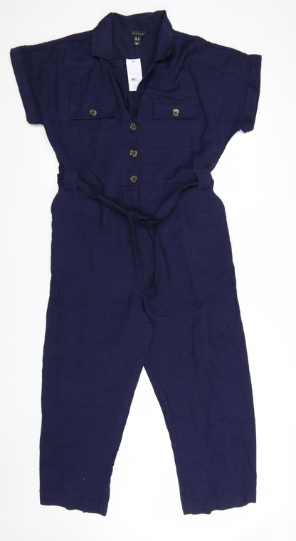 New Look Women's Blue Cotton Collared Belted Short Sleeve Jumpsuit Size 14