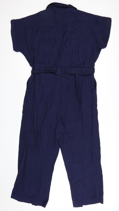 New Look Women's Blue Cotton Collared Belted Short Sleeve Jumpsuit Size 14