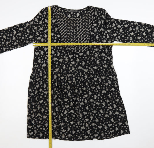 Zara Women Black Floral Skater Dress Size 14 Viscose