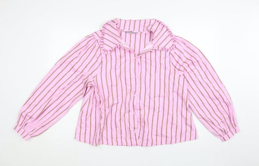Oliver Bonas Women’s Pink Striped Ruffle Collar Cotton Blouse UK 14
