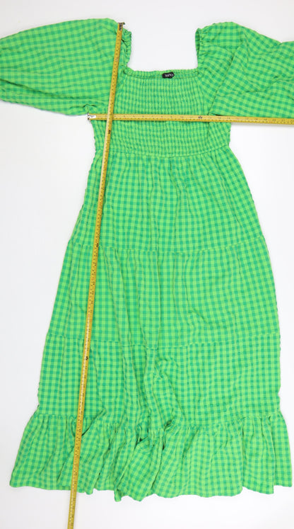 Boohoo Women Green Check Maxi Dress Size 18 Off Shoulder Ruffle