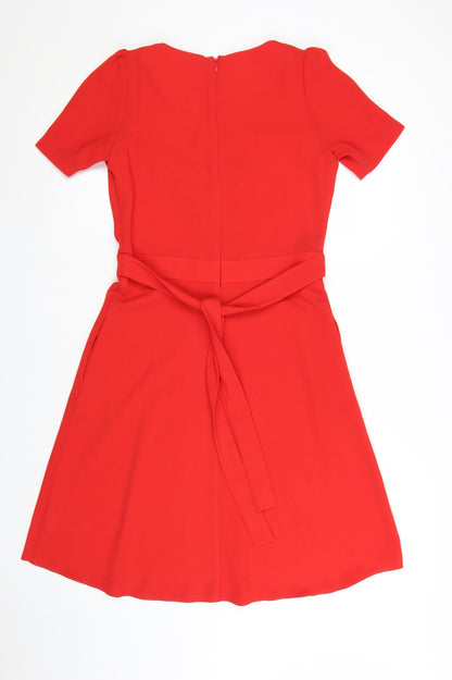 Next Women Red A-Line Short Sleeve Belted Knee Length Dress Size 6
