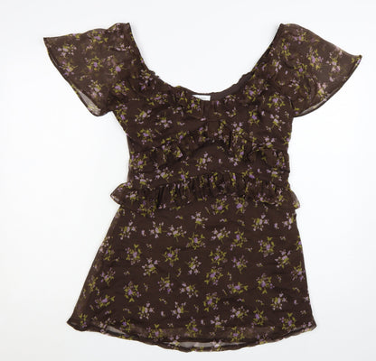 Topshop Women’s Brown Floral Ruffle Fit & Flare Short Dress Size 10