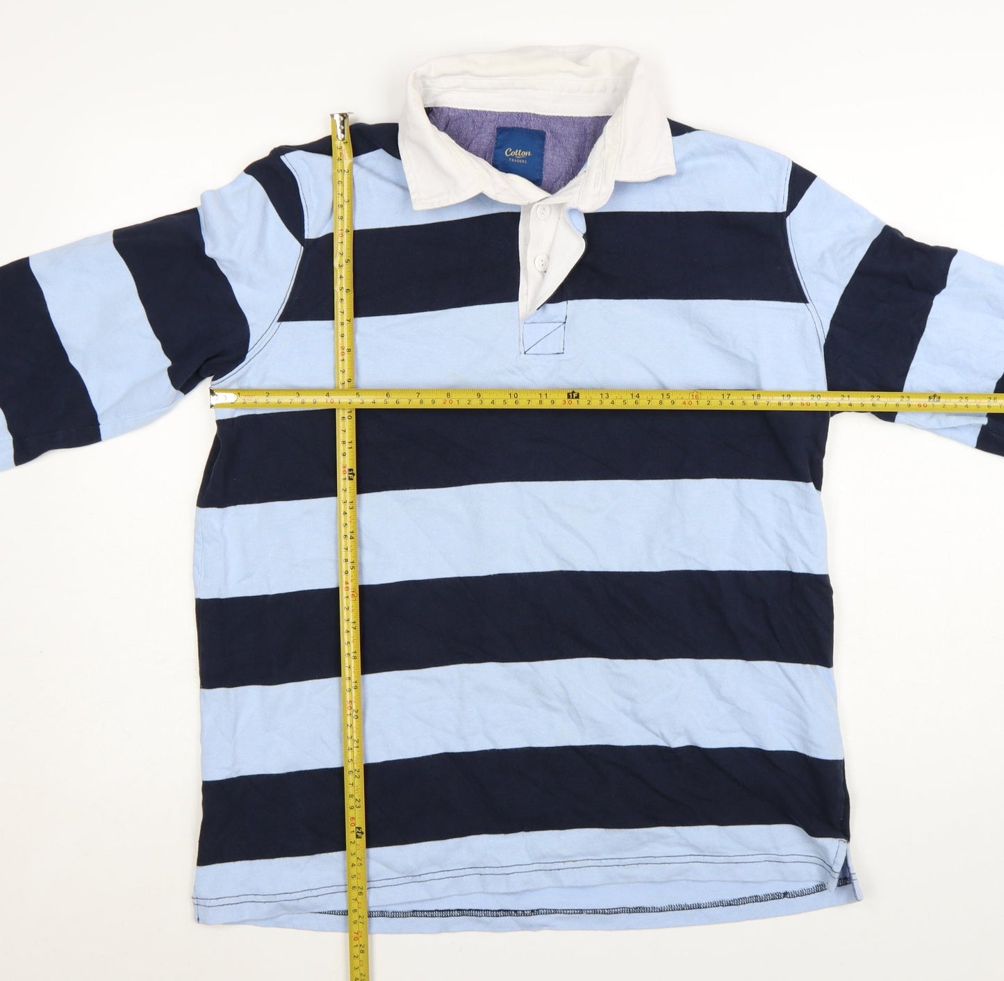 Cotton Traders Men's Blue Striped Long Sleeve Polo Shirt L