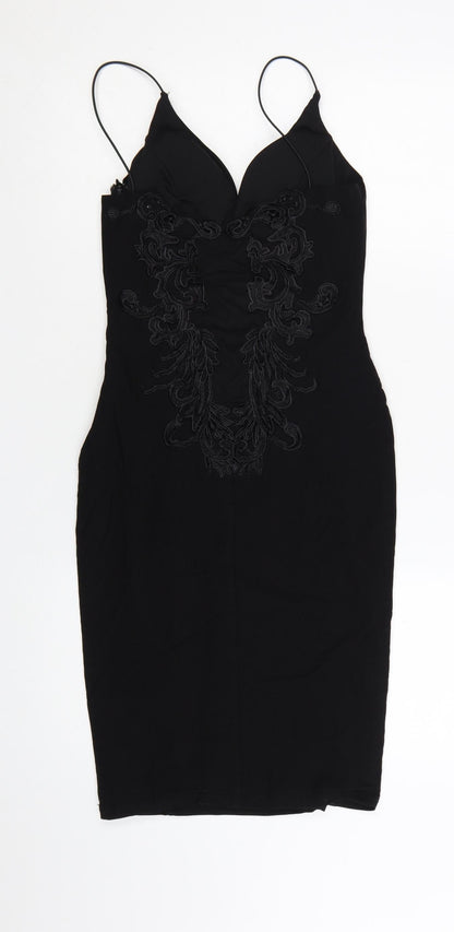 Rare London Women’s Black Bodycon Embroidered Dress UK 10
