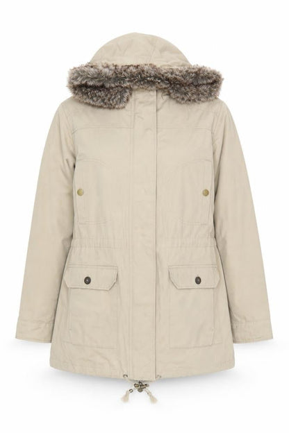 Cotton Traders Women’s Beige Parka Coat Size 18 Hooded Faux Fur Trim