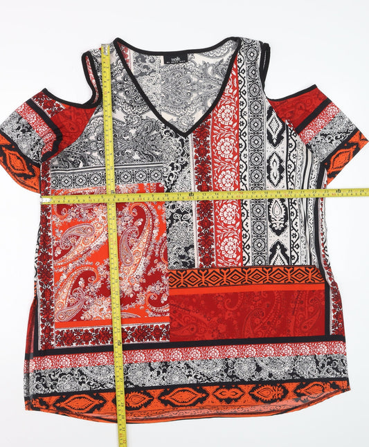 Wallis Womens Red Black Paisley Cold Shoulder V-Neck Top Size L